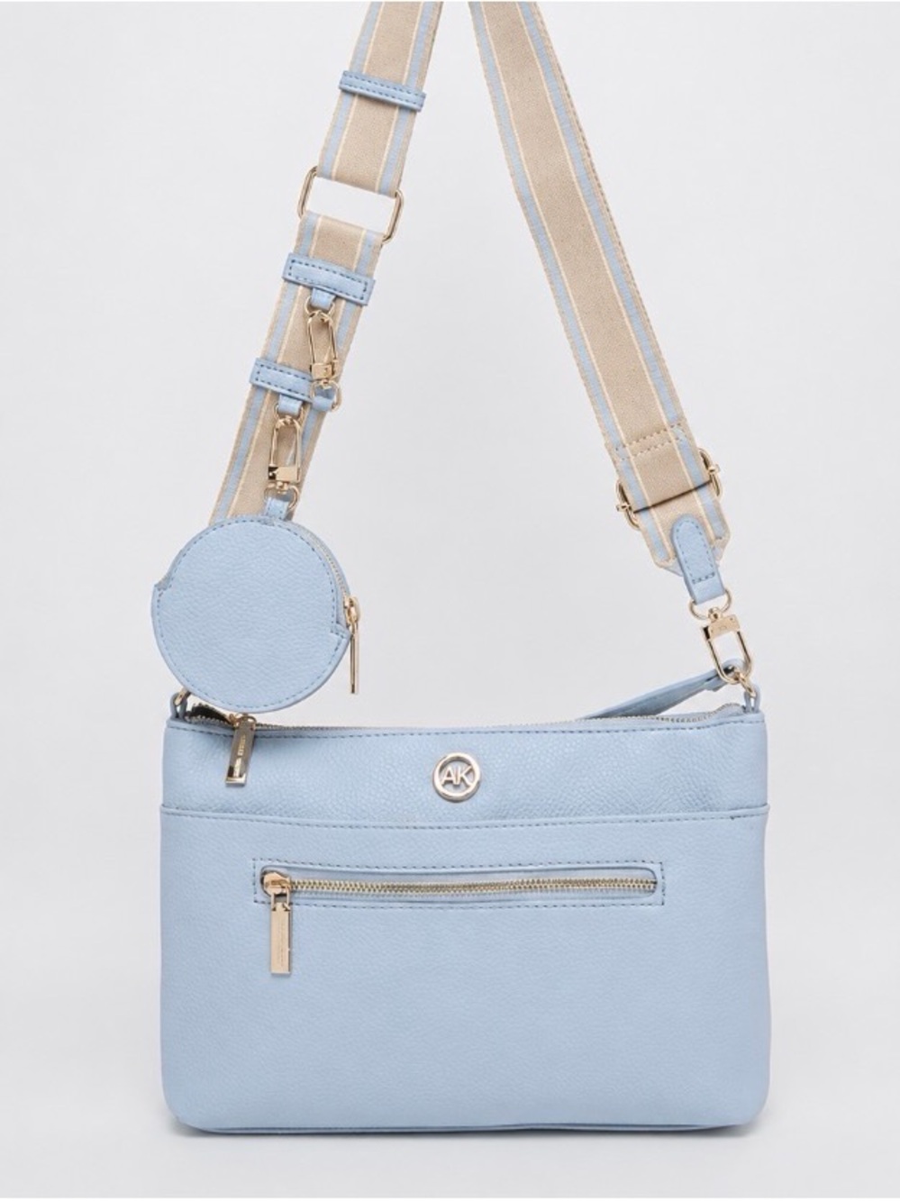 Anne Klein Dusty Blue Pebble Leather Crossbody with Gold Accents
